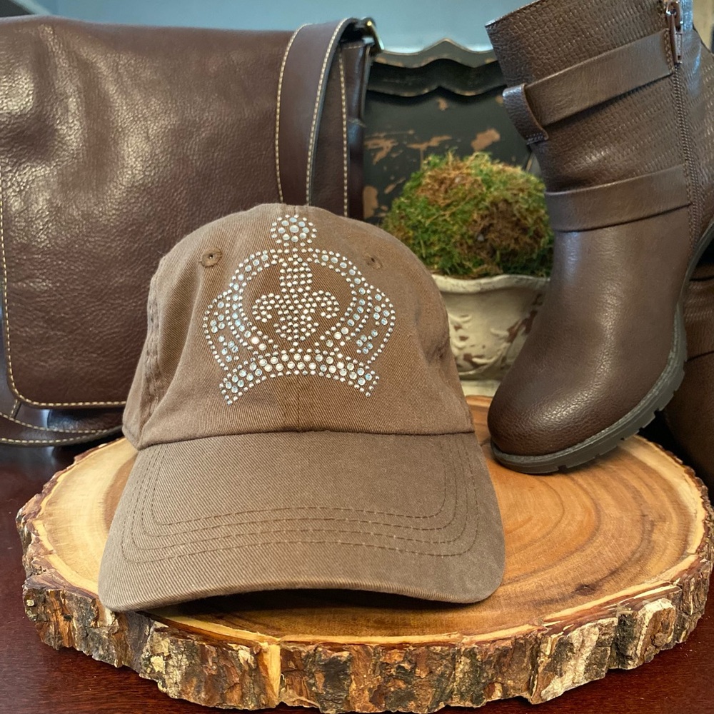 Decky Rhinestone Crown and Fleur de Lis Brown Adjustable Baseball Cap